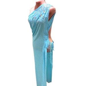 Latin Dance Sky Blue Ballroom Competition Dress Swarovski Crystals Fringe SZ 6-8